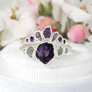 SET or SINGLE // Rustic Raw Amethyst and Raw Diamond Wedding Ring Set