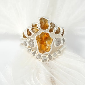 SET or SINGLE // Raw Citrine Crystal and Raw Diamond Wedding Set