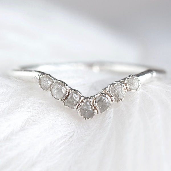 Raw Diamond Wave Ring Rough Diamond Chevron Band Wave Wedding Ring Raw White Diamond Chevron Ring Electroformed Silver Jewellery