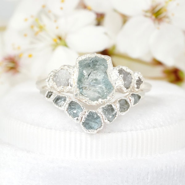 SET or SINGLE // Rustic Raw Aquamarine and Diamond Wedding Ring Set Raw Crystal Proposal Ring Aquamarine Jewellery 999 Pure Silver Ring Set