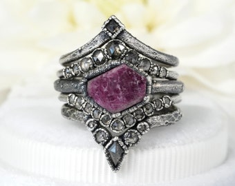 Gothic Ruby Ring Set Raw Ruby Engagement Ring Rustic Diamond Wedding Band 999 Pure Silver Alternative Wedding Ring Raw Rough Natural Ruby