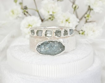 Raw Rough Rustic Aquamarine Wedding Ring Set or Single Aquamarine Rings Crystal Rings Engagement Ring Aquamarine Wedding Ring