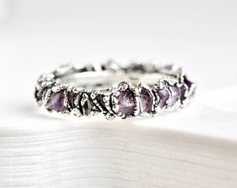 Amethyst Eternity Ring 999 Pure Silver Eternity Wedding Band Silver Rough Amethyst Ring February Birthstone Ring Raw Amethyst Jewellery