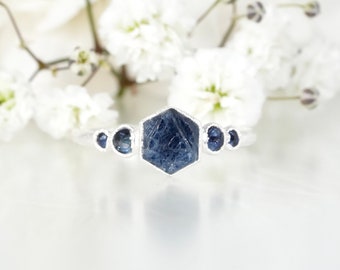 Raw Blue Hexagon Sapphire crystal Ring Natural Sapphire Engagement Ring Pure Silver Sapphire Ring