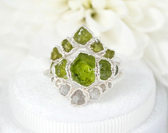 SET or SINGLE // Natural Raw Peridot Wedding Ring Set Natural Green Crystal Ring Set