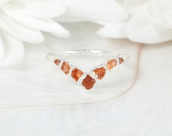 Spessartine Garnet Chevron Ring Pure Silver Garnet Jewellery Rough Orange Spessartine Garnet Wave Chevron Ring Raw Garnet Wave Ring