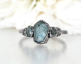 Raw Aquamarine Ring Pure Silver Aquamarine Ring Alternative Aquamarine Engagement Ring Rustic Proposal Ring Blue Crystal Ring Promise Ring