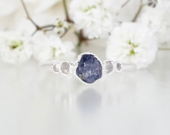 Sapphire And Diamond Ring. Natural Sapphire Ring. Silver Engagement Band. September Birthstone Jewellery. Fine Silver Promise Ring