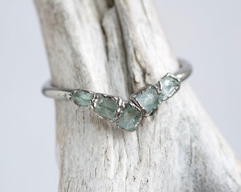 Aquamarine Wave Ring 999 Pure Silver Wedding Band Raw Crystal Wave Ring Rustic Chevron Ring