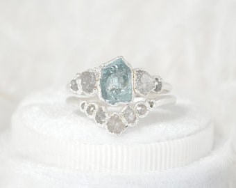 Custom Wedding Set Raw Aquamarine Engagement Ring Diamond Wedding Band Alternative Proposal Ring Rustic Crystal Wedding Set March Birthstone