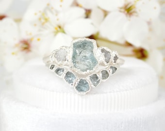 SET or SINGLE // Rustic Raw Aquamarine and Diamond Wedding Ring Set Raw Crystal Proposal Ring Aquamarine Jewellery 999 Pure Silver Ring Set