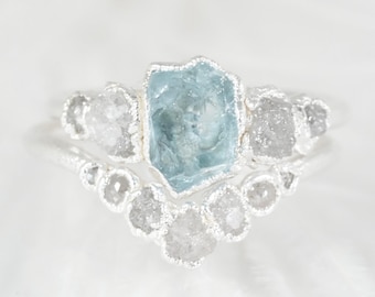 Custom Raw Aquamarine Diamond Wedding Set. Rustic Engagement Ring Diamond Band Alternative Proposal Ring March Birthstone Fine Jewellery
