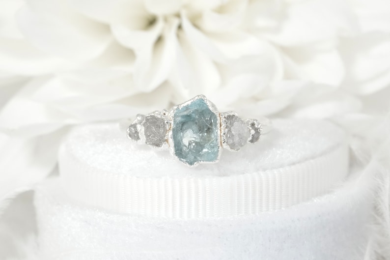 Custom Wedding Set Rustic Raw Aquamarine and Diamond Ring Raw Crystal Proposal Ring Chevron Diamond Wedding Band Aquamarine Engagement Ring Aquamarine Ring