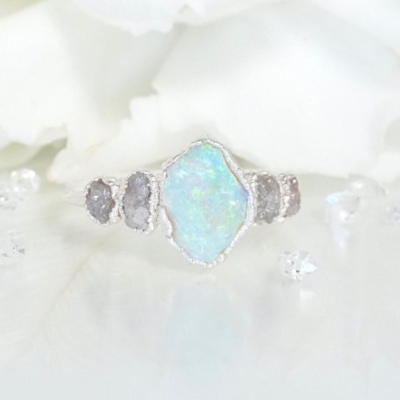 Opal and Diamond Engagement Raw Australian Opal Ring Pure