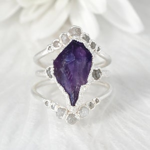 999 Pure Fine Silver RawAmethyst and White Raw Diamond Engagement Ring Engagement Ring Amethyst Engagement Ring Raw Stone Engagement Ring image 6