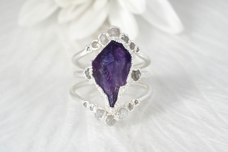 999 Pure Fine Silver RawAmethyst and White Raw Diamond Engagement Ring Engagement Ring Amethyst Engagement Ring Raw Stone Engagement Ring image 6