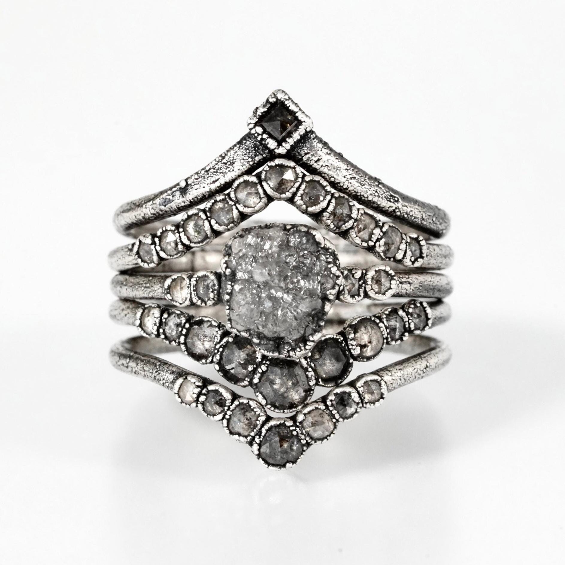 Aangepaste ring set ruwe ruwe gery diamanten ringen stedelijke bruiloft set diamanten zilveren ringen elektrogevormde zilveren sieraden stedelijke verlovingsring
