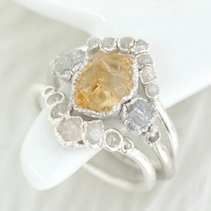 999 Pure Fine Silver Rough Raw Citrine and White Raw Diamond Alternative Engagement Ring and Raw Rough White Diamond Chevron Wave Ring image 8