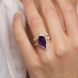 999 Pure Fine Silver RawAmethyst and White Raw Diamond Engagement Ring Engagement Ring Amethyst Engagement Ring Raw Stone Engagement Ring image 4