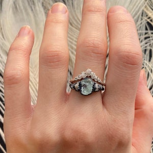 Custom Wedding Set Rustic Raw Aquamarine and Diamond Ring Raw Crystal Proposal Ring Chevron Diamond Wedding Band Aquamarine Engagement Ring image 4