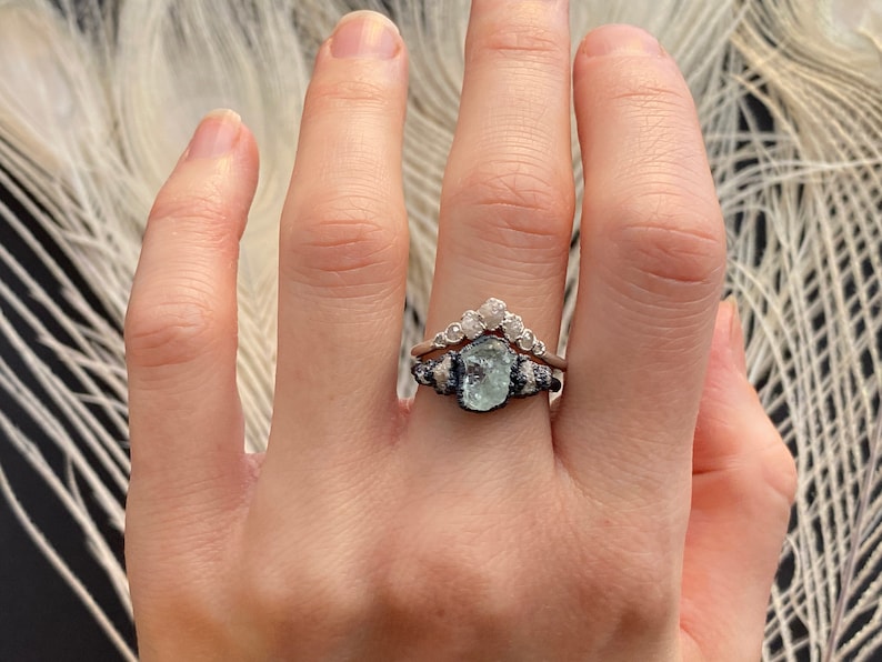 Custom Wedding Set Rustic Raw Aquamarine and Diamond Ring Raw Crystal Proposal Ring Chevron Diamond Wedding Band Aquamarine Engagement Ring image 4