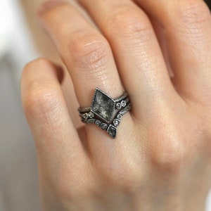 SET or SINGLE Kite Diamond Rings. Rustic Black Silver Grey Salt and Pepper Kite Diamond Custom Wedding Ring Set. Galaxy Diamond Ring Set