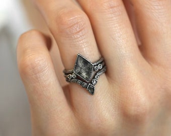 SET or SINGLE // Salt and Pepper Kite Diamond Rings Custom Wedding Set Rustic Diamond Ring Set