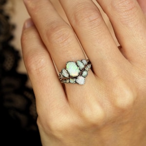 Raw Australian Opal Ring SET. Rough Uncut Unique Australian Opal Ring Pure Silver Australian Opal Engagement Ring Natural Raw Crystal Ring