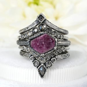 SET or SINGLE // Raw Hexagon Ruby Engagement and Wedding Ring Set.