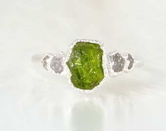 Raw Peridot Ring Rough Natural Peridot and Diamond Silver Engagement Ring