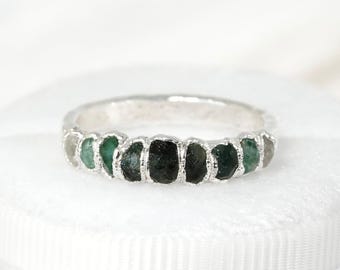 Shaded Emerald Ring. Wide 999 Pure Fine Silver Ombre Emerald Alternative Wedding Band Ring Emerald Ring Emerald Band Bohemian Emerald Ring