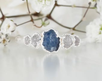 Sapphire and Diamond Ring. Raw Gemstone Ring Unique Sapphire Engagement Ring Natural Crystal Sapphire Band September Birthstone Jewelery