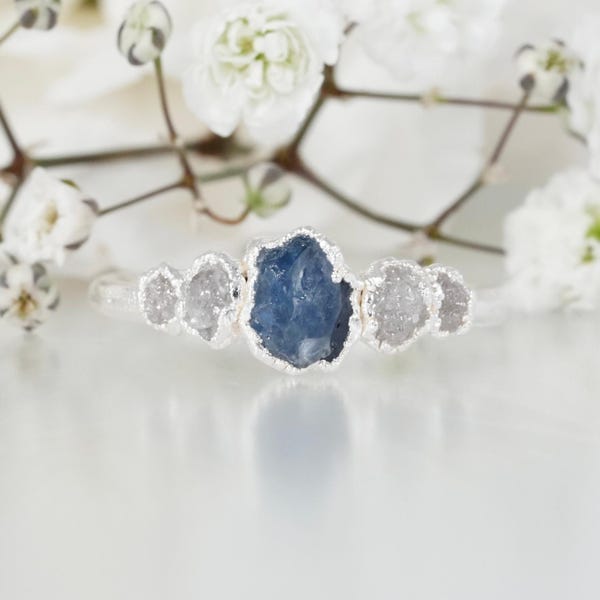 Sapphire and Diamond Ring. Raw Gemstone Ring Unique Sapphire Engagement Ring Natural Crystal Sapphire Band September Birthstone Jewelery