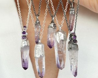 Amethyst Crystal Necklace: RTS 999 Pure Silver Electroformed Raw Uncut Amethyst Crystal Pendant Necklace
