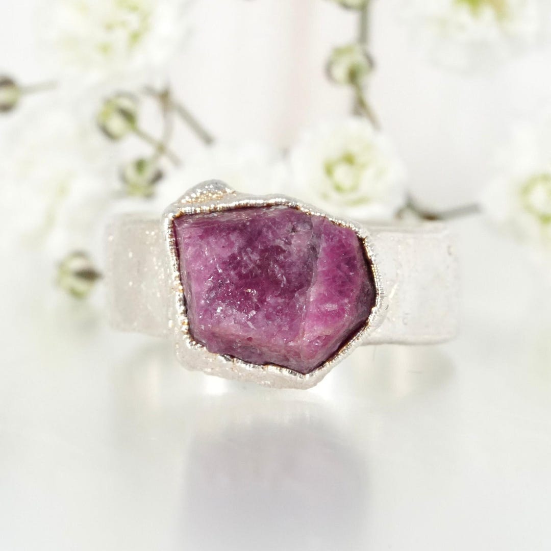 Raw Ruby Wide Band Ring. Natural Ruby Crystal Ring Pink Engagement Ring ...