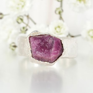 Raw Ruby Wide Band Ring. Natural Ruby Crystal Ring Pink Engagement Ring Custom Electroformed 999 Pure Silver Engagement Ring