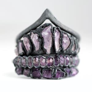 Custom Ring Set Gothic Amethyst Ring Raw Crystal Crown Ring Pure Silver Amethyst Ring Amethyst Crystal Jewellery Black Chevron Ring