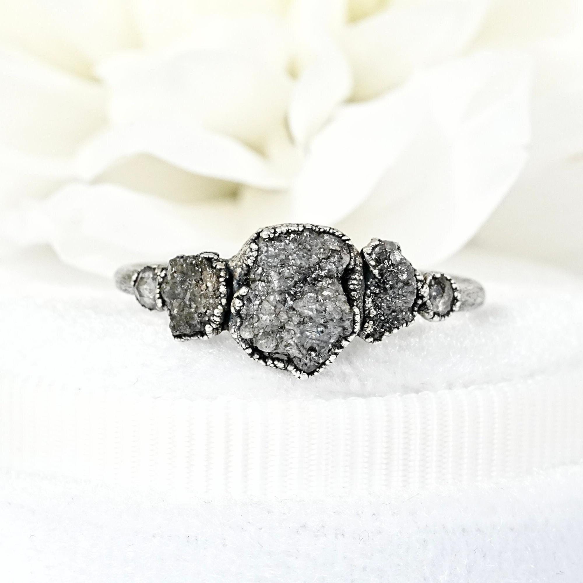 Raw Diamond Ring Rustic Diamond Engagement Ring Pure Silver Gray Diamond Ring Natural Diamond Alternative Engagemnet Ring Unique Diamond