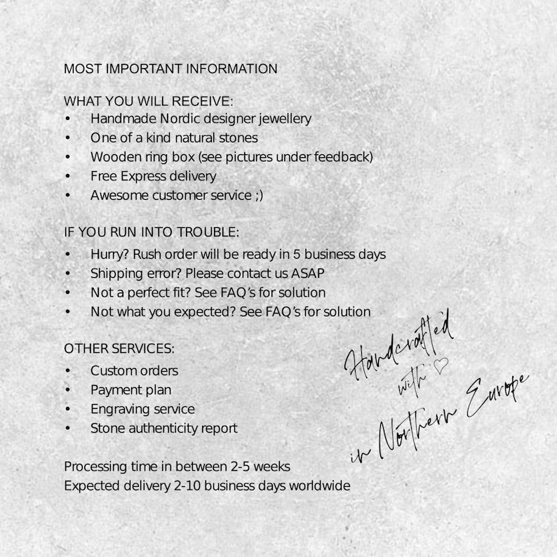 May include: A text-based image listing important information about handmade Nordic designer jewelry. The text includes details about what is included in the purchase, what to do if there are issues, and other services offered. The text also includes the processing time and expected delivery time.