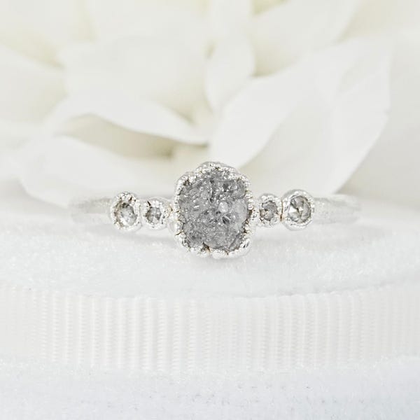 Rough Raw Light Gery Diamond Ring. Alternative Fine Silver Engagement Ring