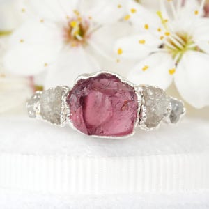 Garnet and Diamond Ring 999 Pure Fine Silver Raw Red Garnet and Raw Rough White Diamond Alternative Engagement Ring Rose Gem Jewellery