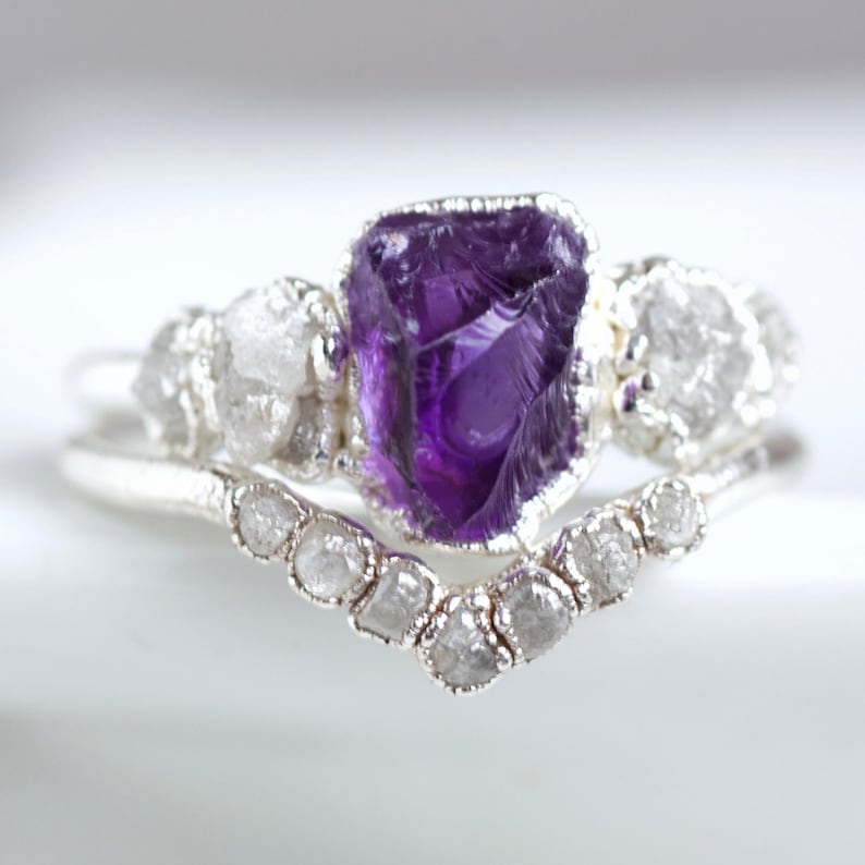Amethyst And Diamond Ring. Raw Amethyst Ring. Amethyst Engagement Ring. Alternative Engagement Ring. 999 Pure Silver Ring. Promise Ring image 4