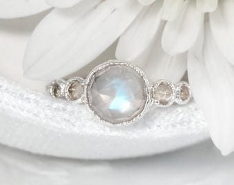 Rainbow Moonstone Ring. Moonstone Engagement Ring Pure Silver Crystal Ring Alternative Engagement Ring