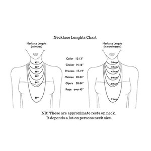 May include: A white graphic illustrating necklace lengths, with measurements in inches and centimeters. The chart shows different necklace styles, including collar, choker, princess, matinee, opera, and rope, with corresponding lengths from 12 inches to over 45 inches.