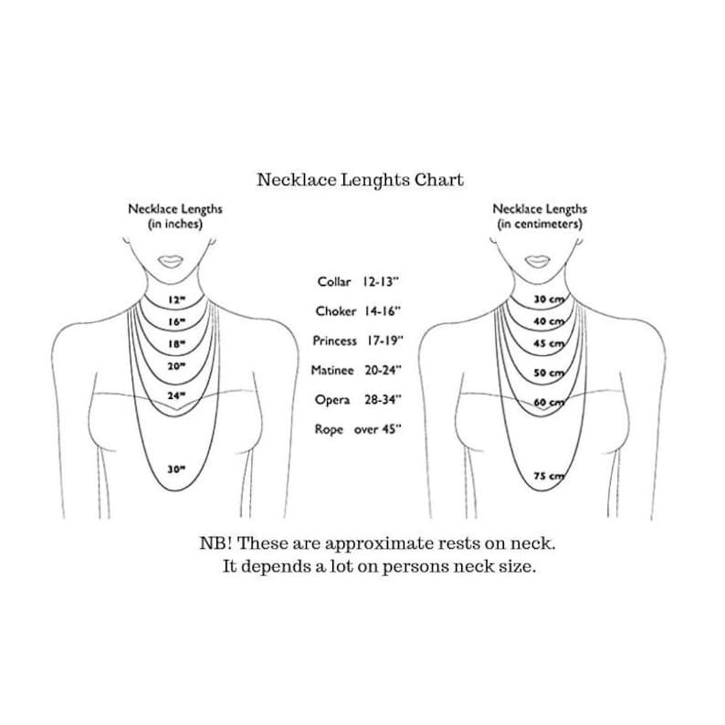 May include: A white graphic illustrating necklace lengths, with measurements in inches and centimeters. The chart shows different necklace styles, including collar, choker, princess, matinee, opera, and rope, with corresponding lengths from 12 inches to over 45 inches.