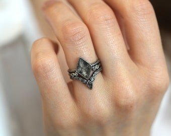 SET or SINGLE // Salt and Pepper Kite Diamond Rings Custom Wedding Set Rustic Diamond Ring Set