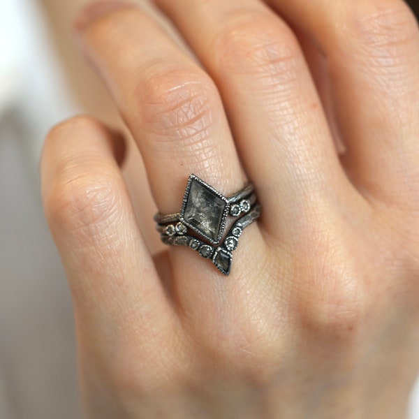 SET or SINGLE // Salt and Pepper Kite Diamond Rings Custom Wedding Set Rustic Diamond Ring Set