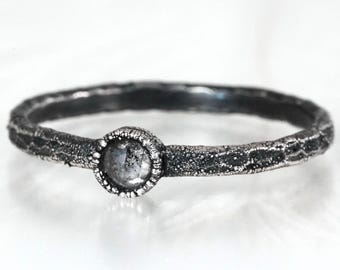 Round Diamond Ring Fine Silver Natural Salt and Pepper Diamond Ring Round Diamond Alternative Engagement Ring Electroformed Silver Ring