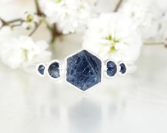Raw Blue Hexagon Sapphire. crystal Ring Natural Sapphire Engagement Ring Pure Silver Sapphire Ring