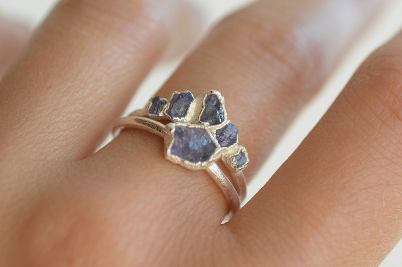 Tanzanite and Diamond Chevron Band Ring. 999 Pure Fine Silver Raw Tanzanite and Raw Diamond Chevron Wedding Band Ring Raw Tanzanite Ring